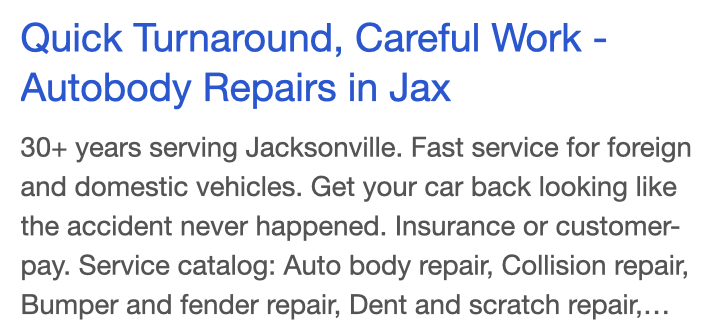 Google Ad for an autobody shop