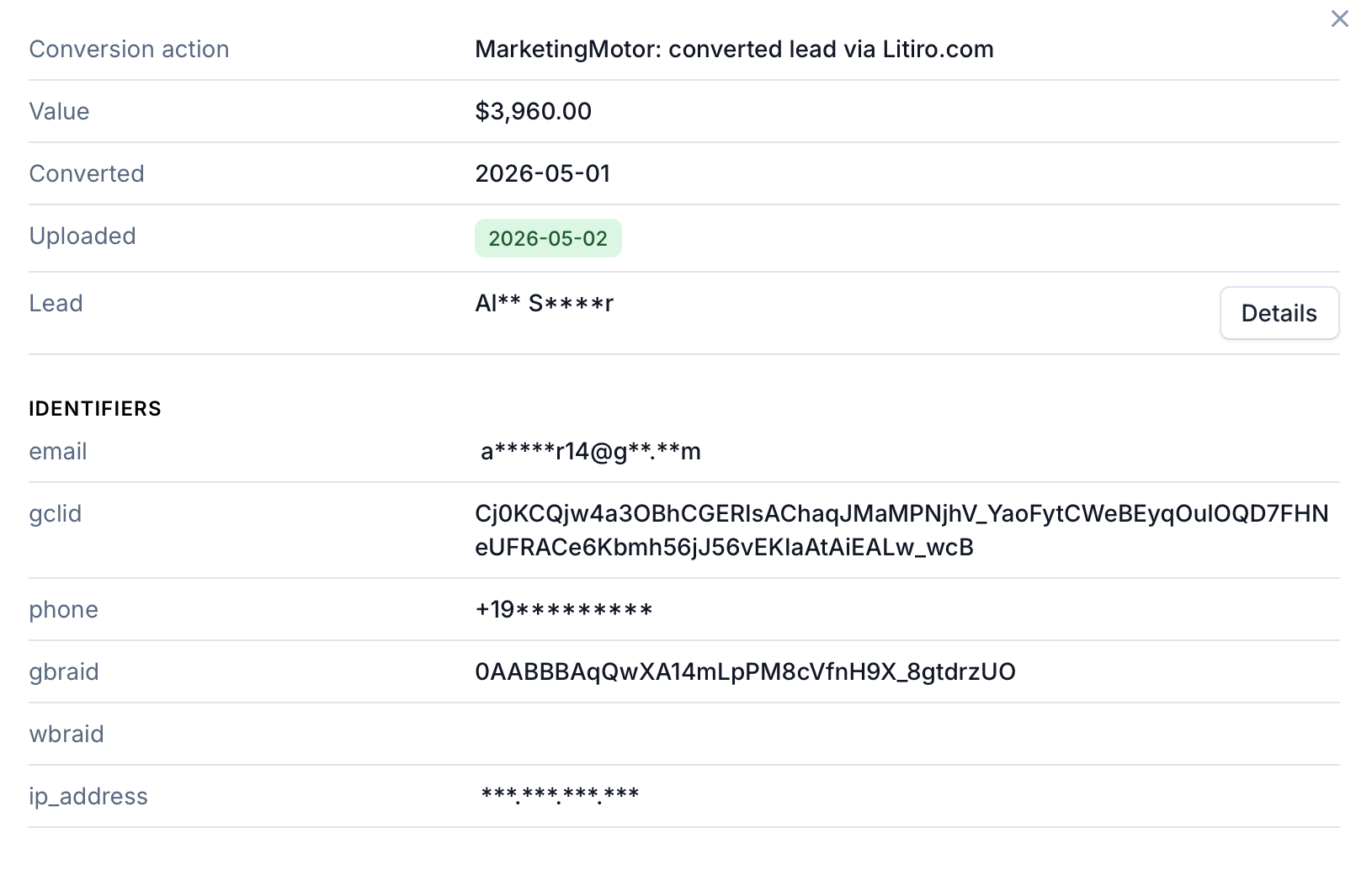 Offline conversion tracking data